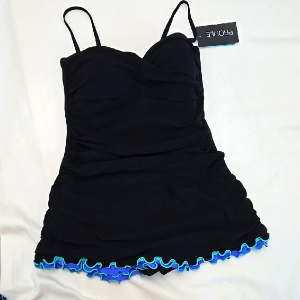 Profile by Gottex Black Swimsuit with Blue & Aqua Trim, NWT Size 16